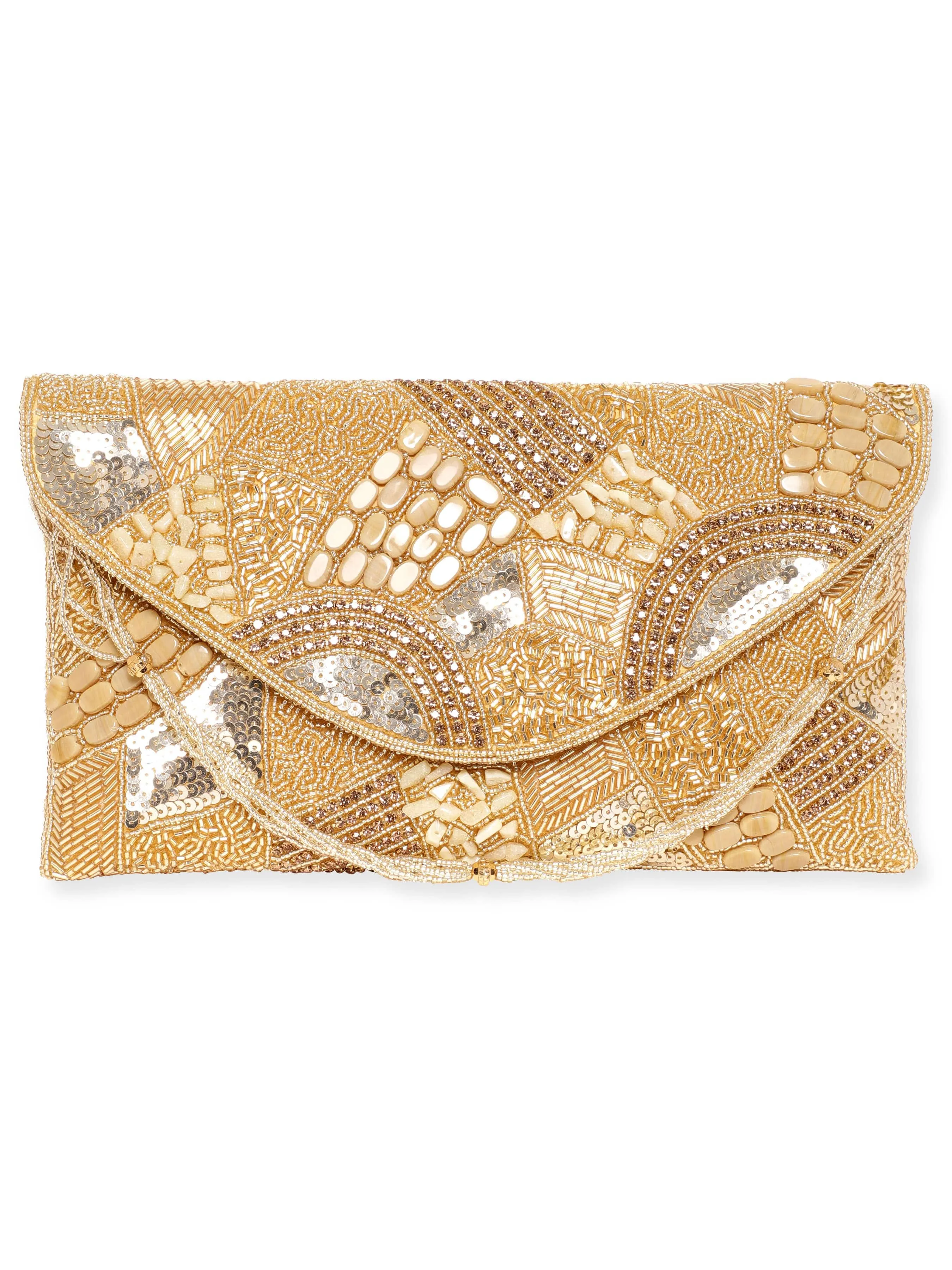 Rubans Golden Glamour Handcrafted Crystal Beaded Clutch with Gold Tone Embellishments