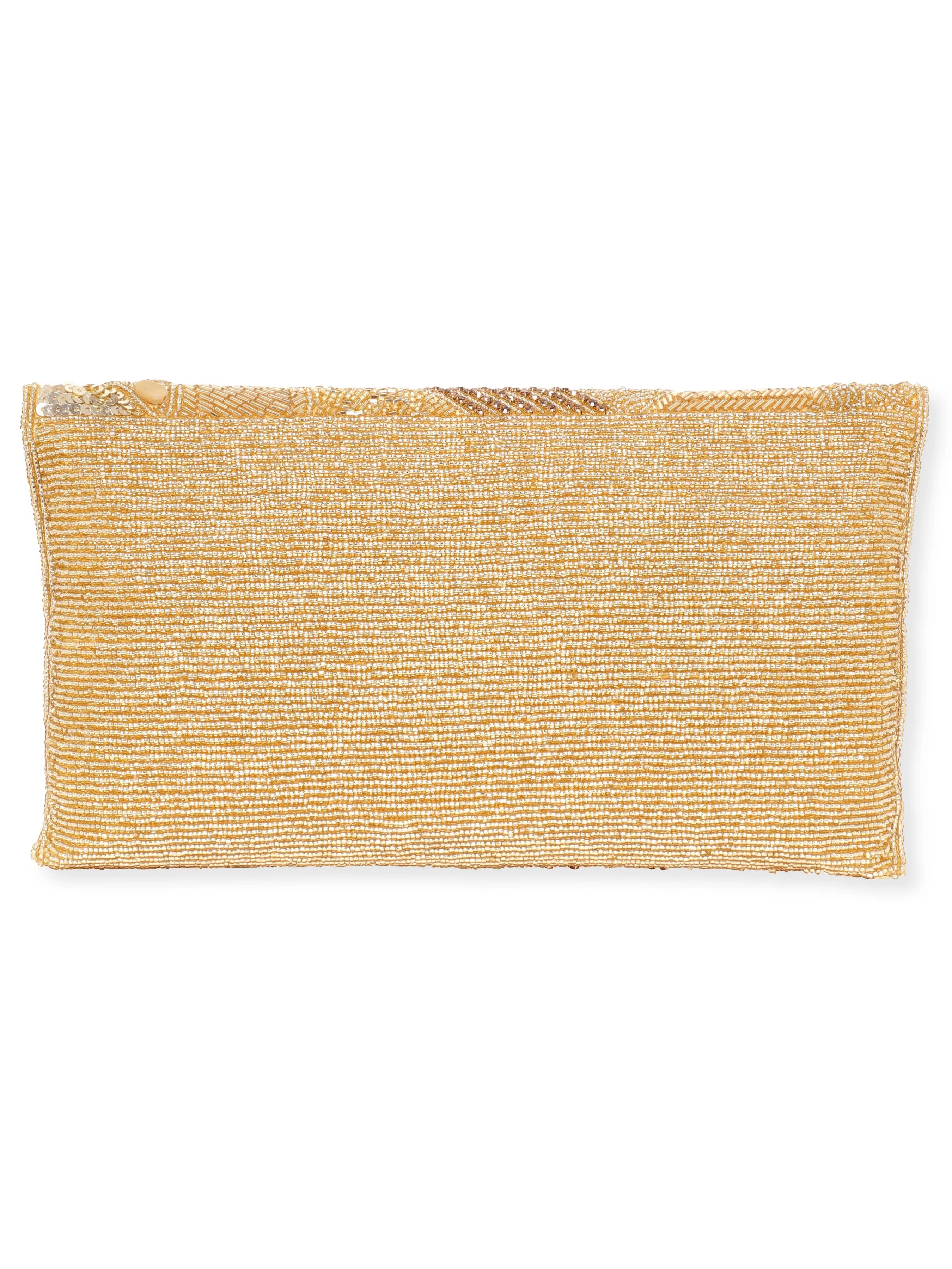 Rubans Golden Glamour Handcrafted Crystal Beaded Clutch with Gold Tone Embellishments