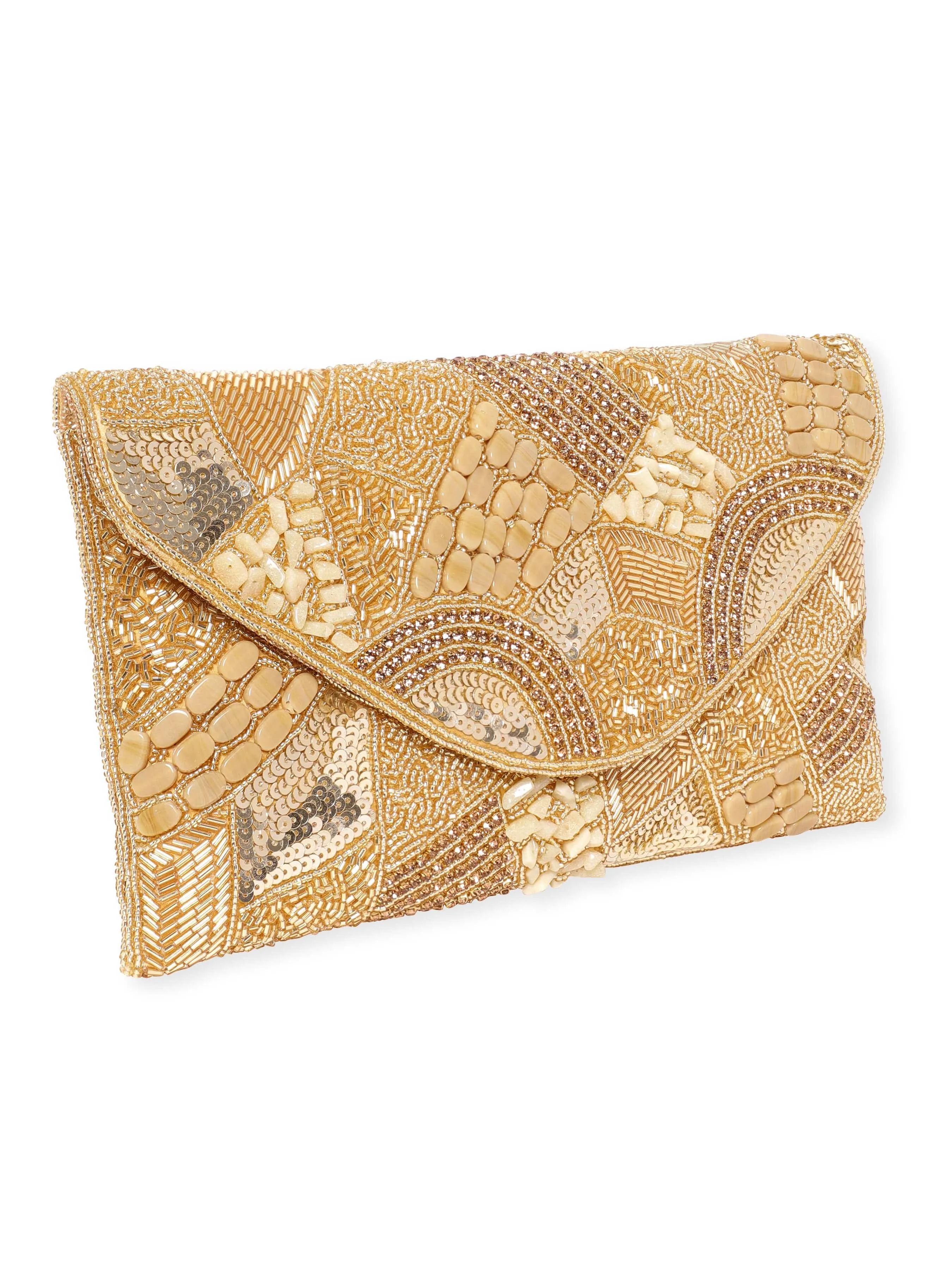 Rubans Golden Glamour Handcrafted Crystal Beaded Clutch with Gold Tone Embellishments