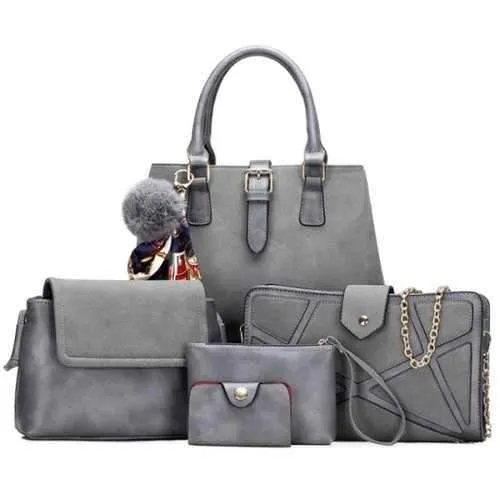 Scarf Pompon Suede 5 Pieces Handbag Set - Gray
