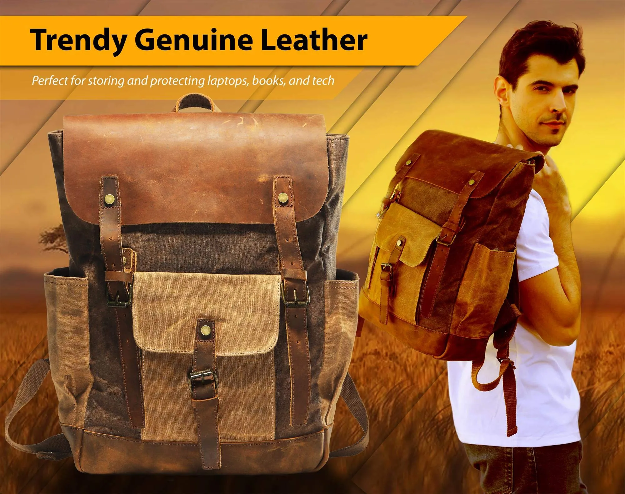 Vintage Canvas waxed Leather Backpack w/Laptop Storage (Large) High School, College, Travel Bag | Canvas and Cotton Craftsmanship | All-Purpose Rucksack for Men, Women, Kids