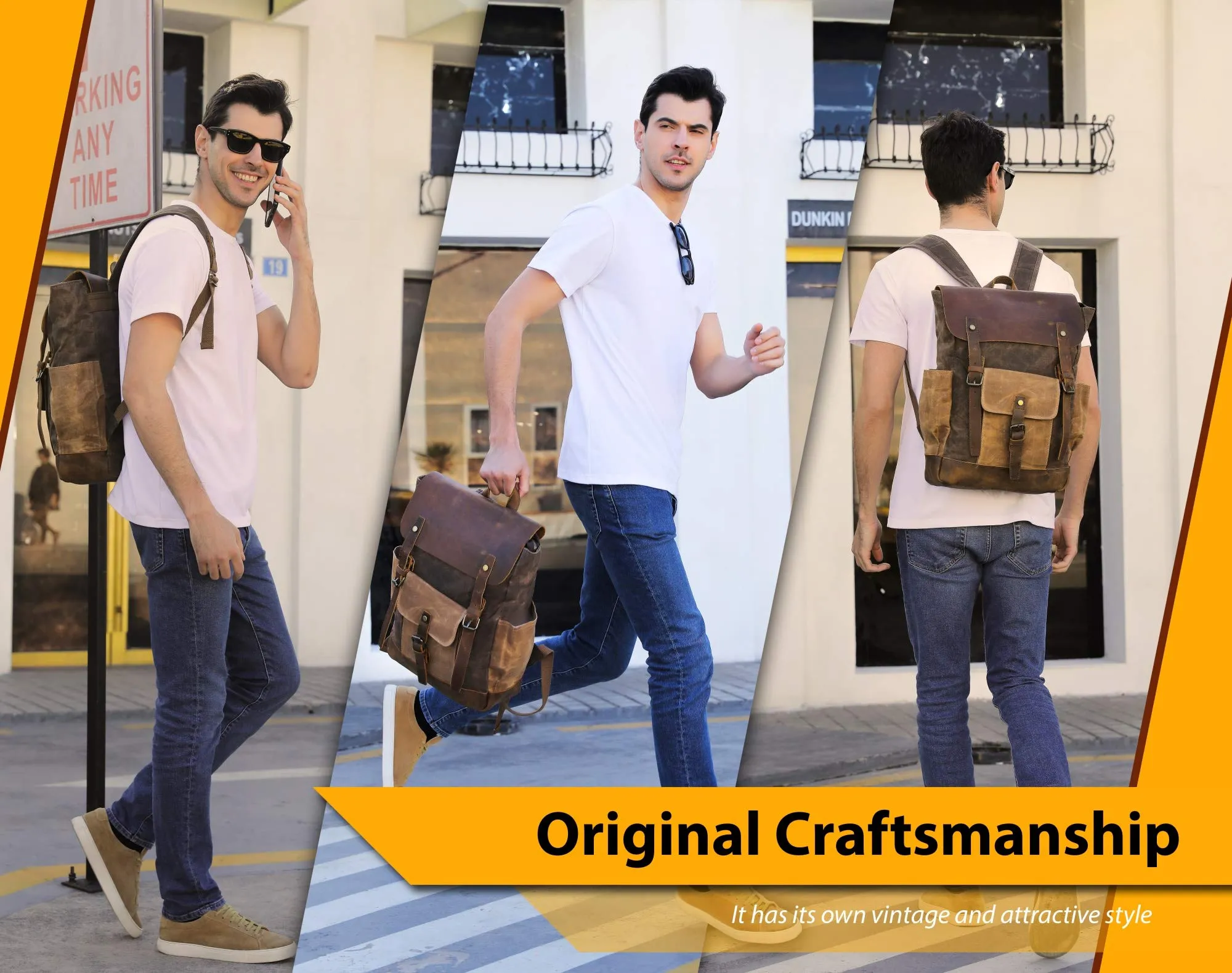 Vintage Canvas waxed Leather Backpack w/Laptop Storage (Large) High School, College, Travel Bag | Canvas and Cotton Craftsmanship | All-Purpose Rucksack for Men, Women, Kids