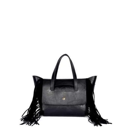 Winged PU Leather Fringe Tote - Black