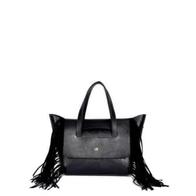 Winged PU Leather Fringe Tote - Black