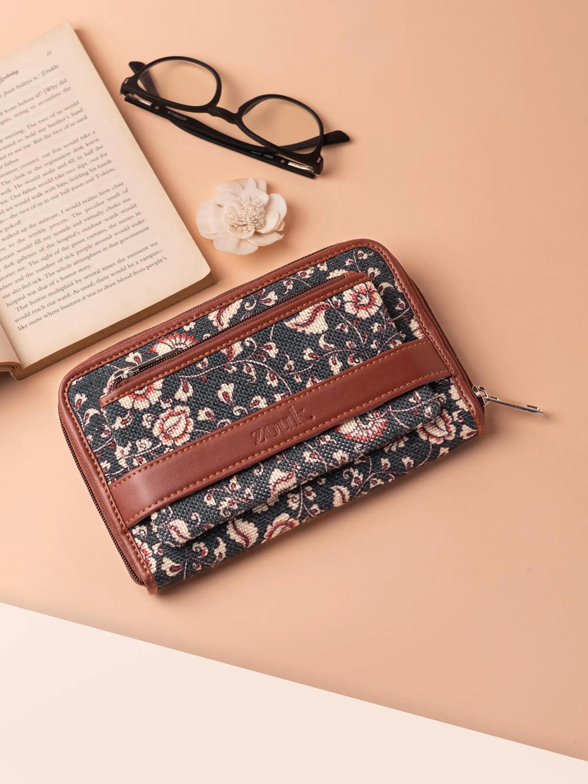 ZOUK Women's Handcrafted Blue Kalamkari Printed Classic Zipper Wallet